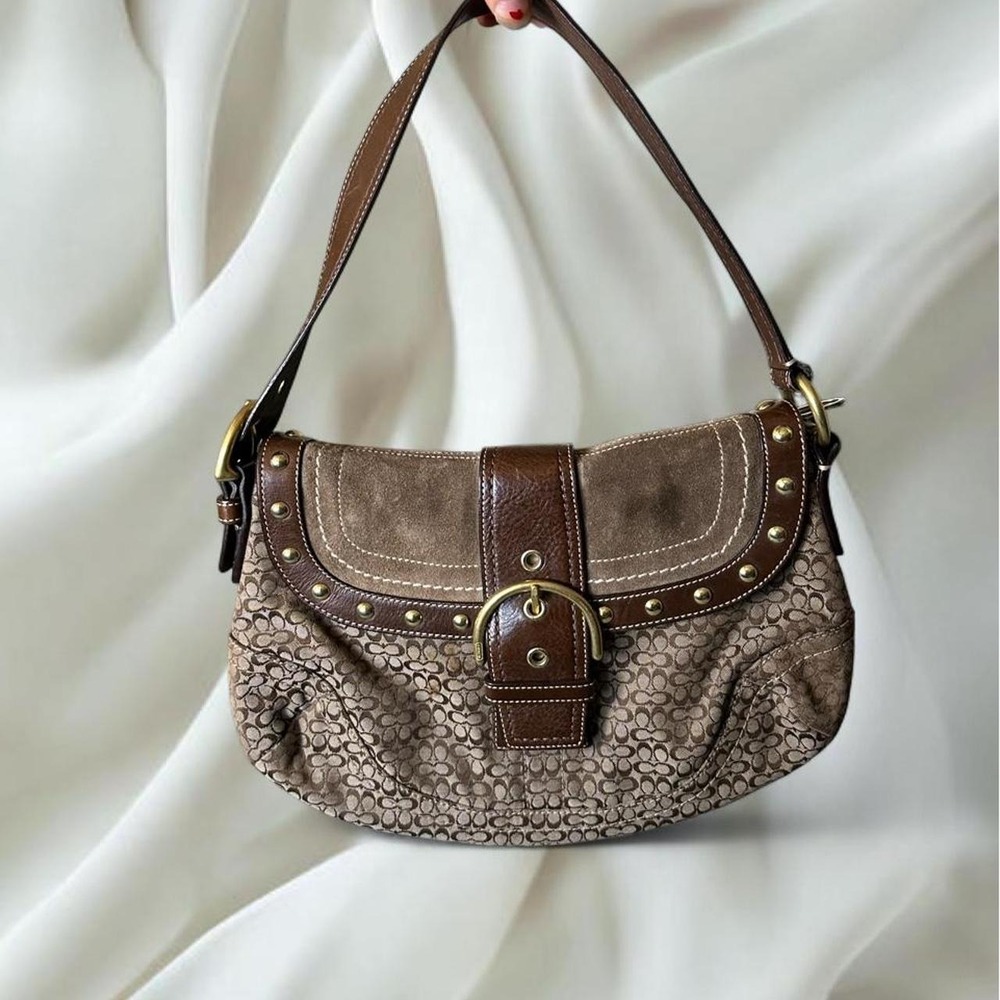 Coach Soho brown signature canvas suede trim gold studs shoulder bag buckle y2k
